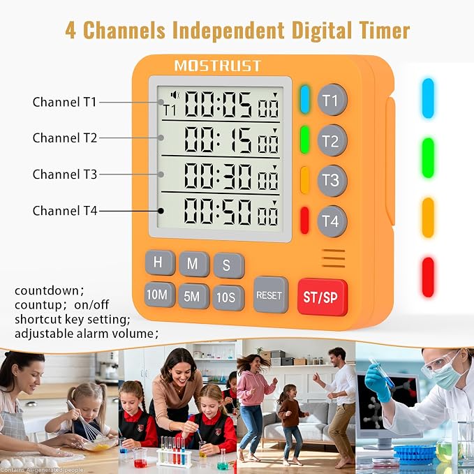 Digital Dual Kitchen Timer, Multiple Channels Countdown Timer | 4-Groups Timer with Magnetic-Back Memory-Preset Large Display Adjustable Alarm Volume, 3A Battery Included, Ideal for Cooking