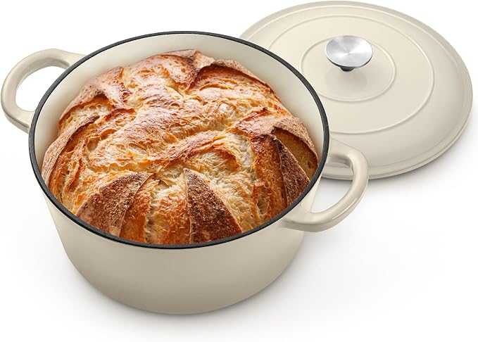 P&P CHEF 5QT Enameled Dutch Oven, Dutch Oven Pot for Bread Baking, Khaki | 5 Quart Enameled Cast Iron Casserole Pot with Lid, for Roasting Braising Stewing Frying Simmering, Work on Various Stoves