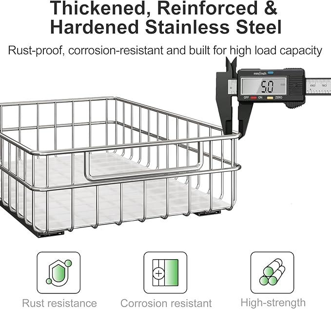 Pull out Cabinet Organizer, Stainless Steel 4-Pack (9.8"W x 16.5"D) Full-Extension Slide out Drawer, Adhesive Roll out Can Spice Storage Basket Shelf Rack for Pantry, Kitchen, Bathroom, Home Closet