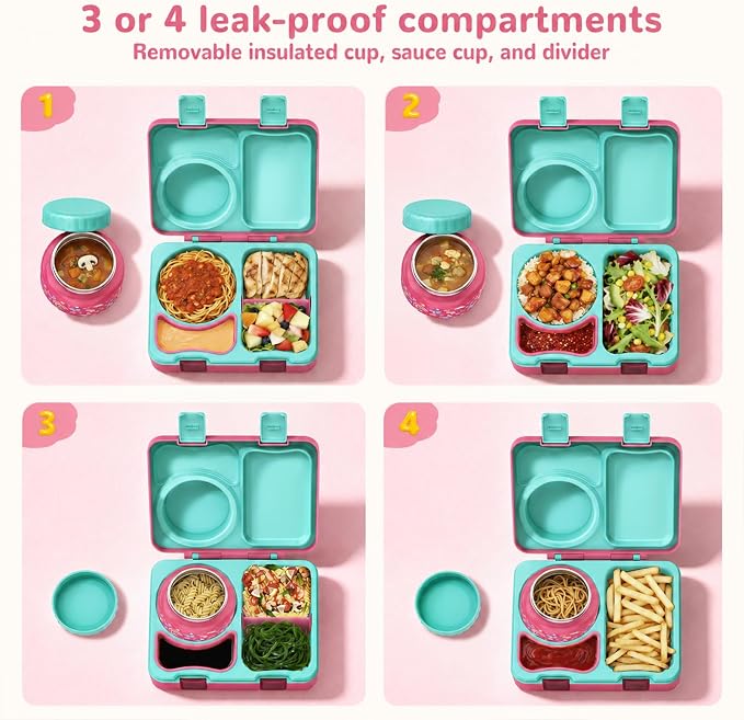 Bento Box for Kids, Leakproof Kids Lunch Box with 8.5OZ Thermo Food Jar & Lunch Bag, 3-4 Compartments Toddler Insulated Lunch Box for Girls, BPA Free Lunch Containers for School Daycare