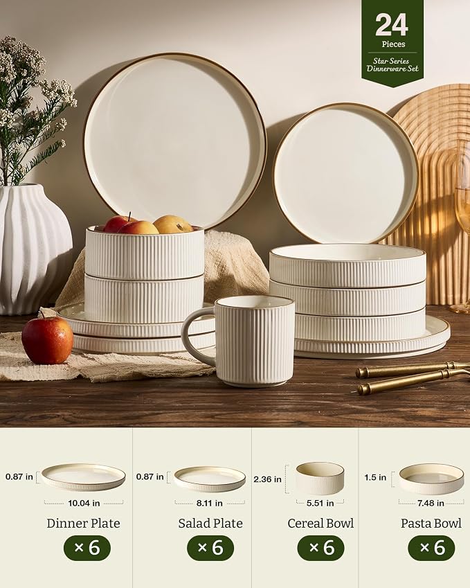 Famiware Stoneware Dinnerware Sets with Pasta Bowls, Rimmed Dishes for 6 | 24-Piece Creamic Double Bowls & Flat Plates, Chip & Scratch Resistant, Microwave & Dishwasher Safe, Everyday Dining, Cream