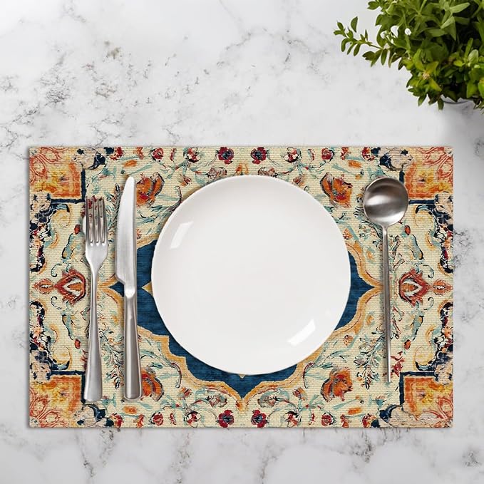 Vintage Boho Placemats, Deep Navy Blue Orange Flowers Bohemia Table Mats | Washable Heat Resistant Linen Fabric Place Mats for Kitchen Home Party Dining Decoration, Christmas Festiva Decoration