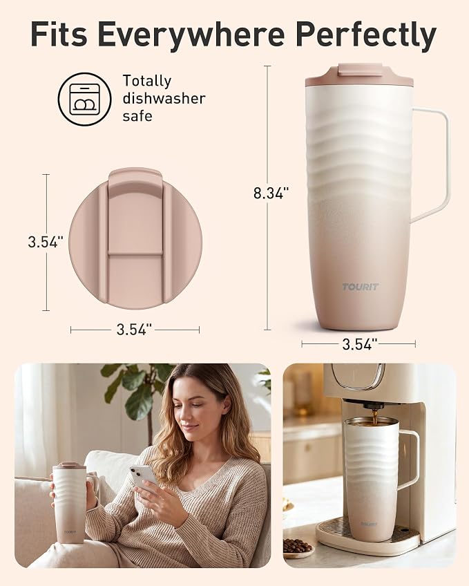 TOURIT 20oz Insulated Coffee Mug with Handle, Leak-Proof Travel Tumbler | 20oz · Side Handle · Ripple Grip · 6h Hot/12h Cold · Leak-Proof · Silicone Base · 304 Steel