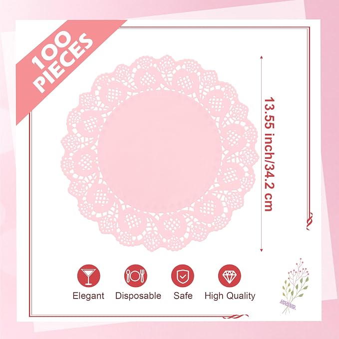 100 Pack 13.5 Inch Round Pink Paper Doilies, Disposable Lace Placemat | Rustic Scallop Doily Table Pads, Heavy-Duty Paper Place Mats for Cakes, Crafts, Parties, Weddings, Buffet, Home Decor