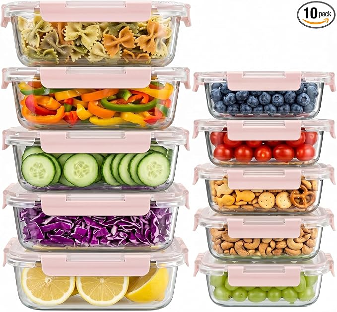 Dealusy 10 Sets 36 oz & 12 oz Glass Food Storage Containers with lids, Pink | 20-Piece Airtight Leak-proof Glass Meal Prep Containers with Lids, Microwave Oven Freezer Dishwasher Safe