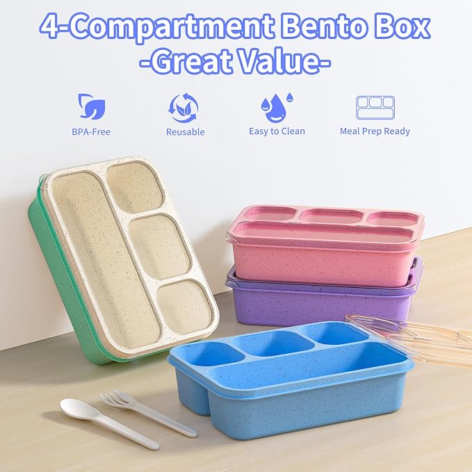 Bento Box 5-Pack, 4-Compartment Lunch Box for Women, Men & Kids, BPA-Free Wheat Straw Snack Containers, Ideal for Meal Prep, Travel, School, Work (5 Colors)
