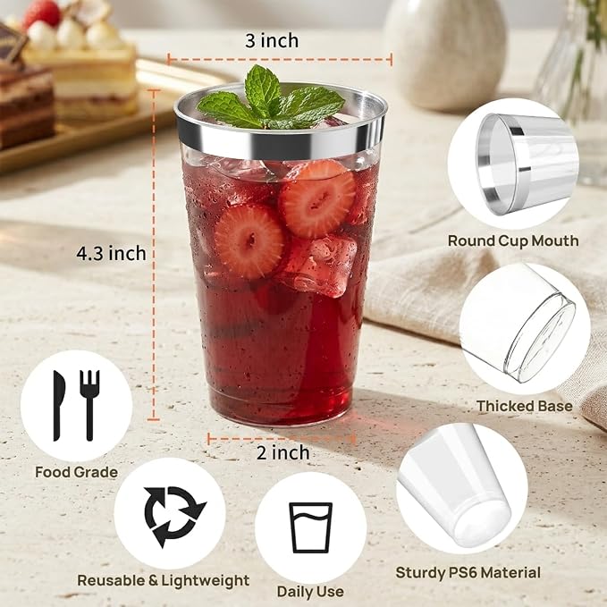 Byvivace 200 Pack 12oz Silver Plastic Cups with Rimmed Edges - Disposable, Recyclable, BPA Free, Food Safe, Modern Style, Perfect for Parties, Weddings, Birthdays, Festivals, 12oz Capacity Each