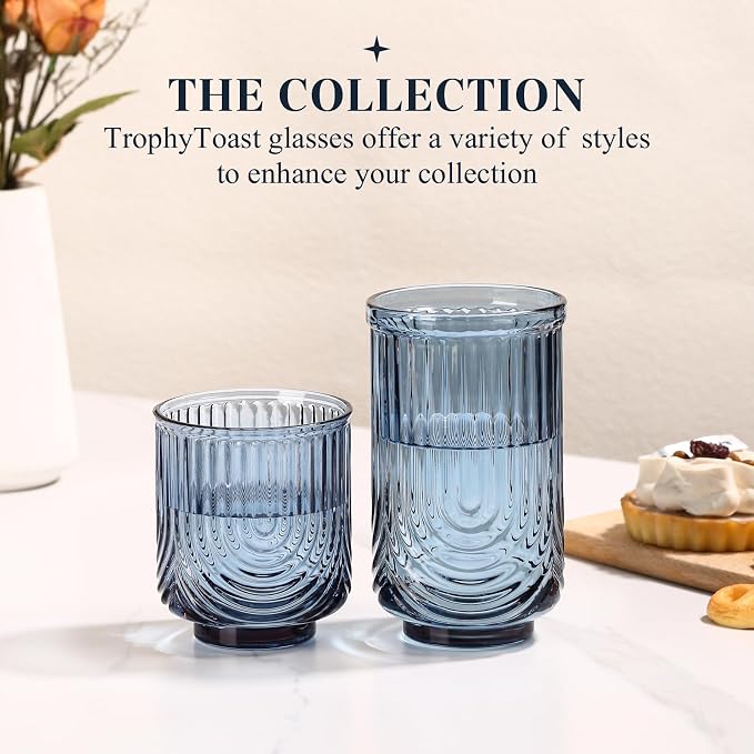 Blue Vintage Drinking Glasses Set of 6-15oz Hand-Blown Highball Ribbed Glassware, Arch Design Cocktail Glasses for Whiskey Water Beverages Ice Coffee Juice Milk