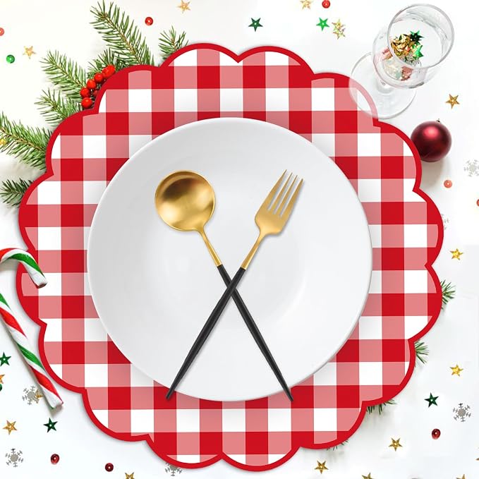 50Pcs Checkered Paper Placemats Red Gingham Place Mats 13.5 Inch Scalloped Checkered Place Mats Disposable Table Placemats for Baby Showers Wedding Birthday Tea Parties Dinner Table Decorations