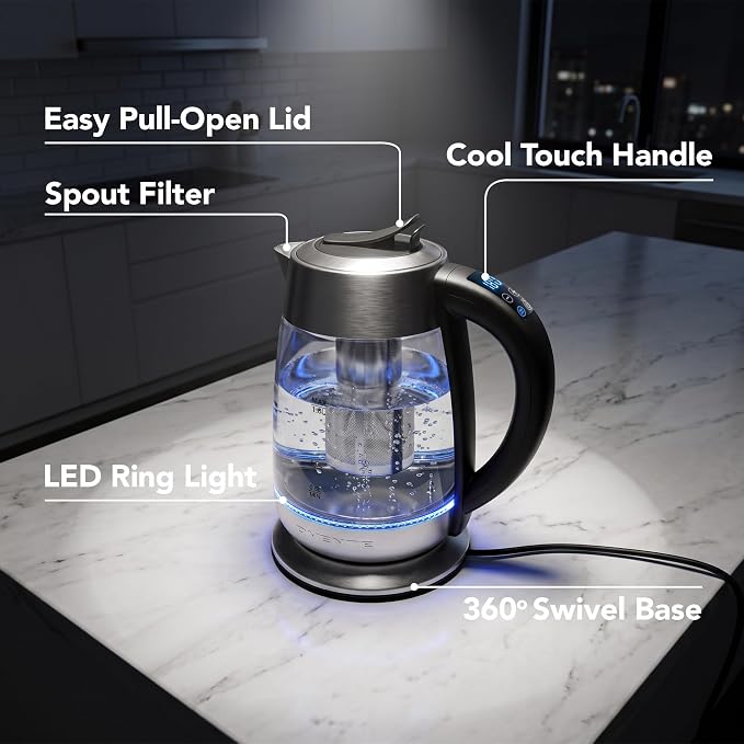 OVENTE 1.8L Glass Electric Kettle with Tea Infuser, Silver KG6610S | 1500W Fast Boiling, Easy Fill Lid, 6 Temperature Control, Keep Warm, Digital Display, BPA-Free, Auto Shut-Off, 360° Base