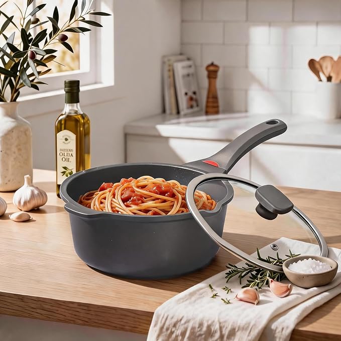 VINCHEF 4 Quart Nonstick Stockpot, Titanium Coated Saucepan with Lid, Scratch-Resistant Grey Pot, Stay Cool Handle, Induction Ready Deep Cooking Pot, PFAS & PFOA Free, Dishwasher Safe