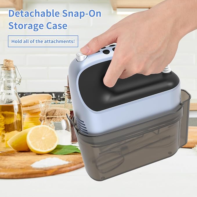 Yomelo 9-Speed Digital Hand Mixer Electric, 400W Powerful DC Motor, Hand Mixer Electric Handheld with Snap-On Storage Case, 5 Stainless Steel Accessories, Beaters, Dough Hooks, Whisk(Ocean Blue)