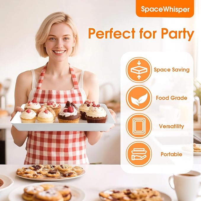 SpaceWhisper Serving Tray, White, 3 Pack, Rectangular Appetizer Platters | Stackable and Lightweight, Glossy PP Plastic,16 x 11 in, 14 x 9 in, 12 x 7 in, for Parties, Buffets, and Everyday Meals