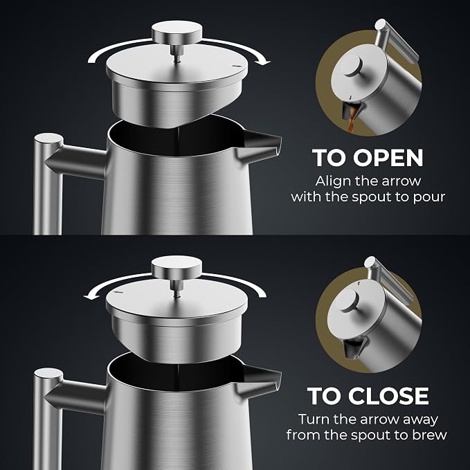 French Press Coffee Maker, Stainless Steel French Press 34 Oz / 1L, Double Wall Insulated Coffee Press with 3 Extra Mesh Filters, Metal Coffee Maker for Coffee & Tea, Satin Finish, Silver