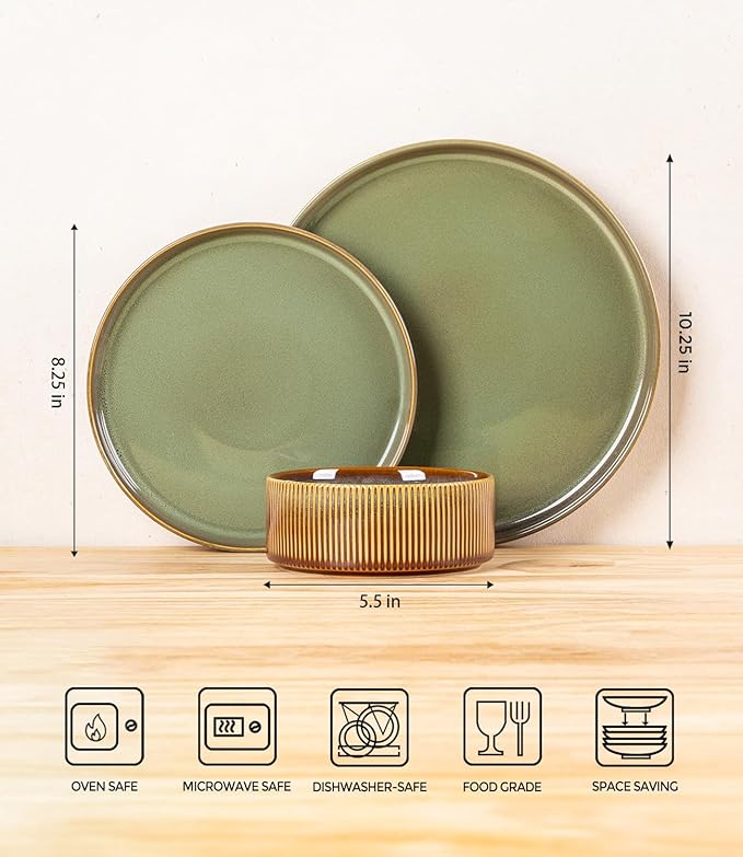 Ceramic Dinnerware Set for 4, 12-Piece Plates and Bowls Set | Lightweight Porcelain Dish Set, Scratch Resistant, Oven & Microwave & Dishwasher Safe, Sage Umber