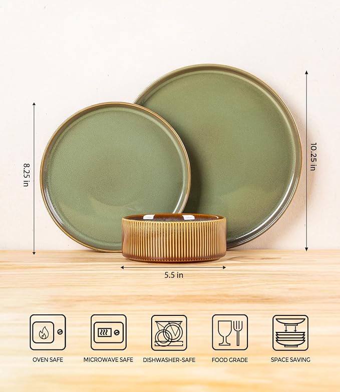 Ceramic Dinnerware Set for 8, 24-Piece Plates and Bowls Set | Lightweight Porcelain Dish Set, Scratch Resistant, Oven & Microwave & Dishwasher Safe, Sage Umber