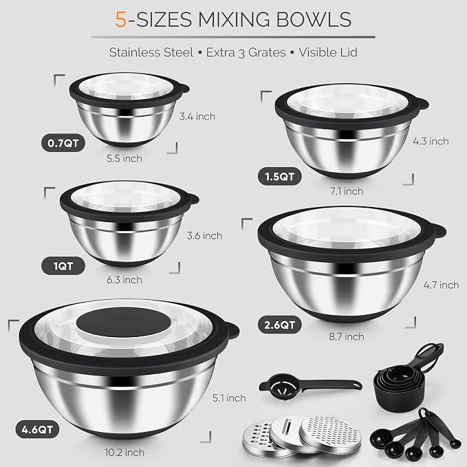 HaWare Stainless Steel Mixing Bowls with Airtight Clear Lids, 24PCS, Black | 5 Nesting Bowls: 4.6/2.6/1.5/1/0.7 QT, Includes 3 Graters, Non-Slip, For Serving, Prepping, Storing