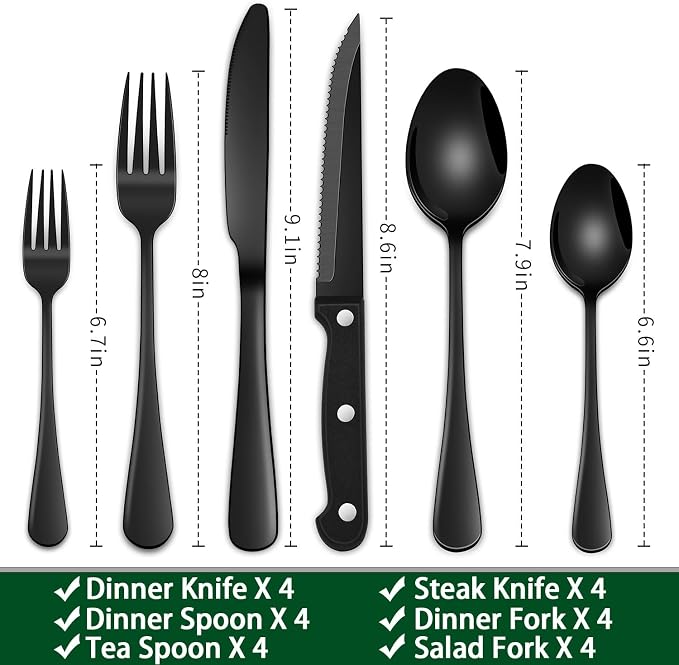 24-Piece Black Silverware Set with Steak Knives, Black Flatware Set for 4, Food-Grade Stainless Steel Tableware Cutlery Set, Mirror Finished Knife Spoon And Fork Sets for Home Restaurant