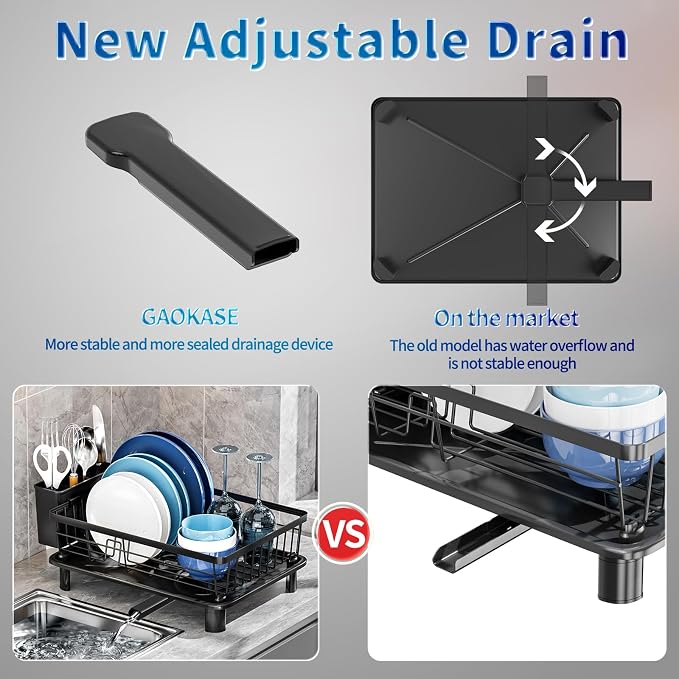Dish Drying Rack for Kitchen Counter,Stainless Steel,Black | Space Saving,New Drain Outlet,Rotating Spout & Angled Drainboard for Quick Drainage,Removable Utensil Holder