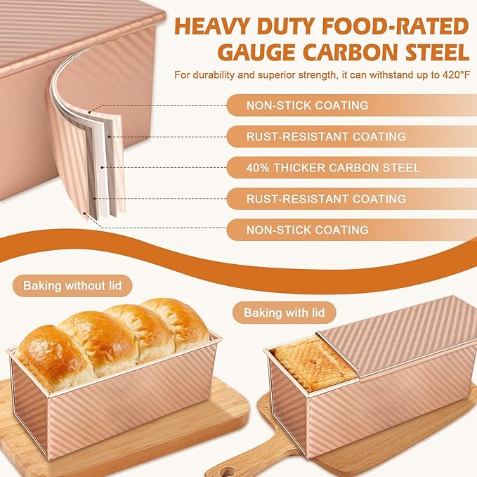 Pullman Loaf Pan with Lid, 2 Pack 2.2 LB & 1 LB Dough Capacity, Non-Stick Carbon Steel Bread Pan for Sandwich Bread and Sourdough Loaves, Square Toast Mold with Baking Tools, Gift-Ready Packaging