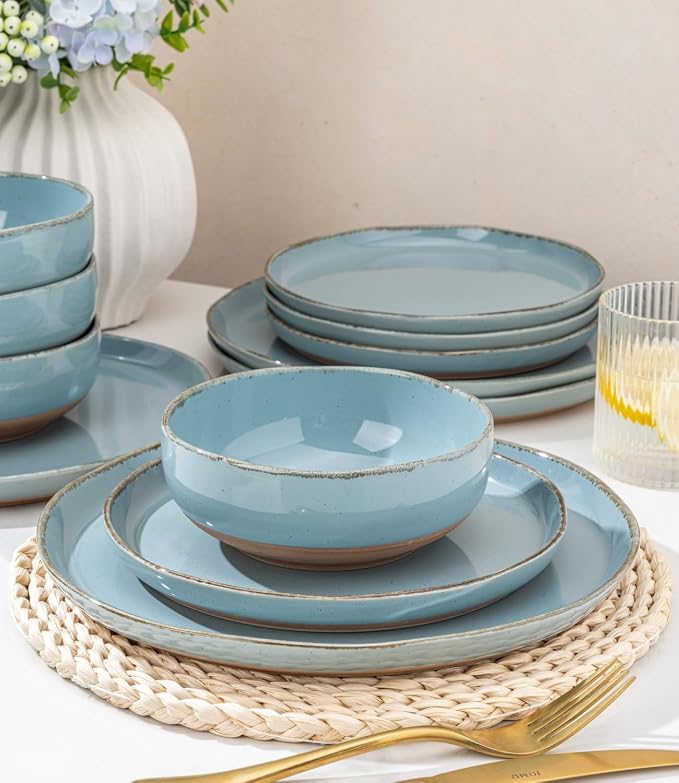 AmorArc Dinnerware Sets for 4, 12 Pieces Ceramic Plates and Bowls Set | Scratch Resistant Stoneware Dishes Set, Dishwasher & Microwave Safe, Stone Blue