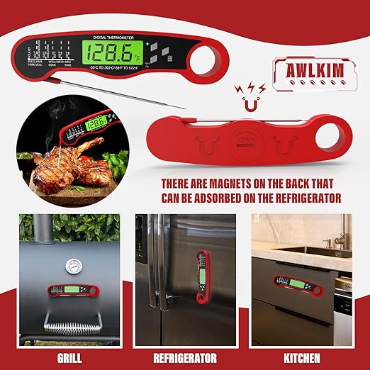 AWLKIM Meat Thermometer Digital, Instant Read Food Thermometer, Red | Waterproof cooking thermometer with doneness chart, backlight, F/C switch for BBQ, candy, oil