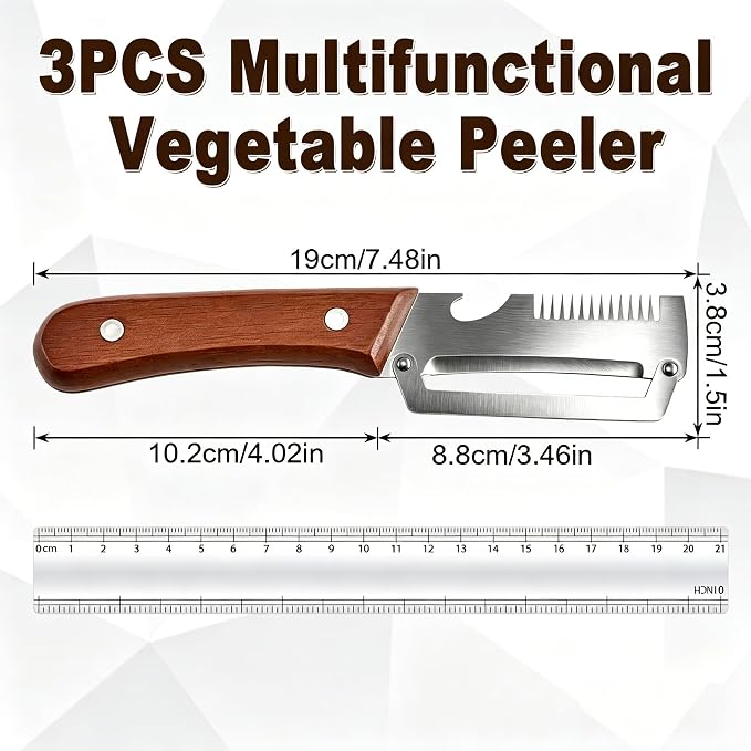 Vegetable Peeler with Wooden Handle, 3-in-1 Stainless Steel Julienne Peelers for Kitchen, Scallion Shredder & Built-in Bottle Opener, Fruit Potato Carrot Pumpkin Peeling Tool, 3 Pack