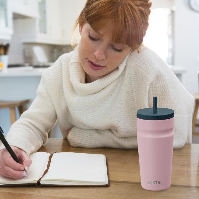 COKTIK 20oz Insulated Tumbler with Lid and Straw Iced Coffee Cup Reusable Stainless Steel Travel Mug Water Bottle Cupholder Friendly for Women Men Her Him (Blush)