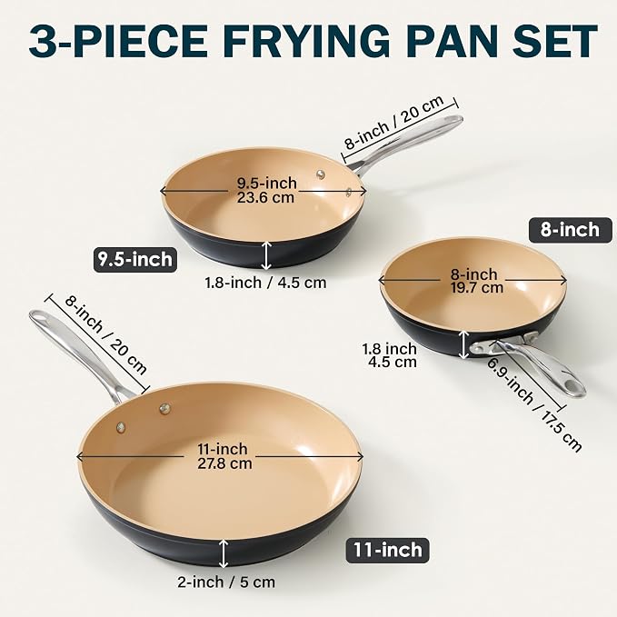 Cooks Standard 3-Piece Hard Anodized Ceramic Nonstick Skillet Set | Induction Ready 8",9.5"&11" Frying Pan with Riveted Stay-Cool Handle, Egg & Omelette Pan, Oven Safe, Black Apricot