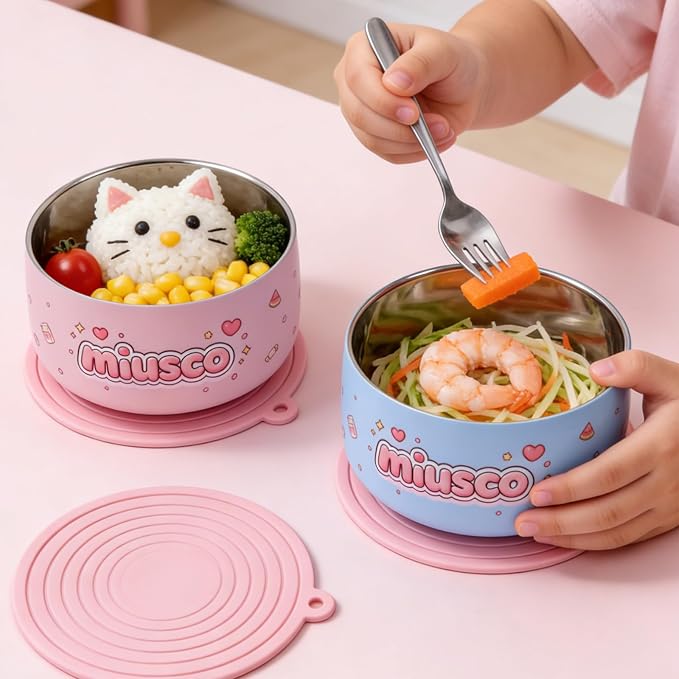316 Stainless Steel Bowls for Kids 5 Inch - 33oz Toddler Bowls 2-Pack with Cute Animal Print, Non Toxic Dishwasher Safe Baby Bowls for Soup Dessert, BPA Free Unbreakable, Birthday Gift - Pink & Blue