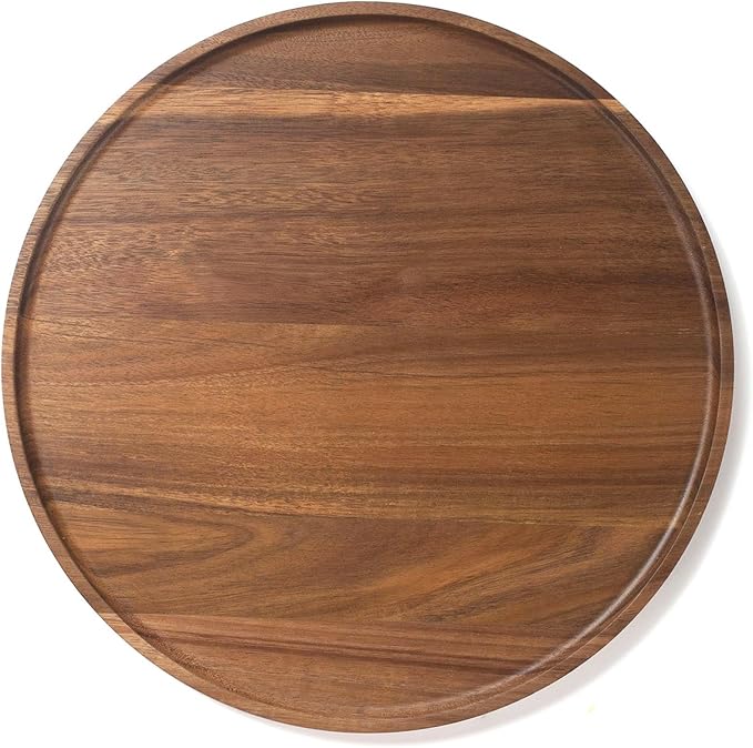 Round Wood Tray, Acacia Wooden Decorative Serving Tray for Coffee Table and Home Decor, Wooden Appetizer Charcuterie Board for Kitchen Countertop (11.8 inch)