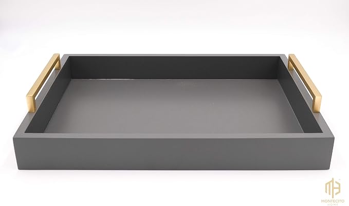 Decorative Coffee Table Tray - Ottoman Tray - Breakfast, Drinks, Liquor Serving Tray - from Farmhouse to Modern - Matte Finish - Brushed Champagne Gold Handles - Charcoal