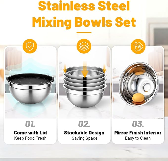 Beasea Mixing Bowls Set of 5, 3.4 QT Unbreakable Stainless Steel Mixing Bowls with Lids for Kitchen, Prepping, Food Serving, Storing, Nesting Metal Baking Bowl with Lid for Bread Dough, Cream, Batter