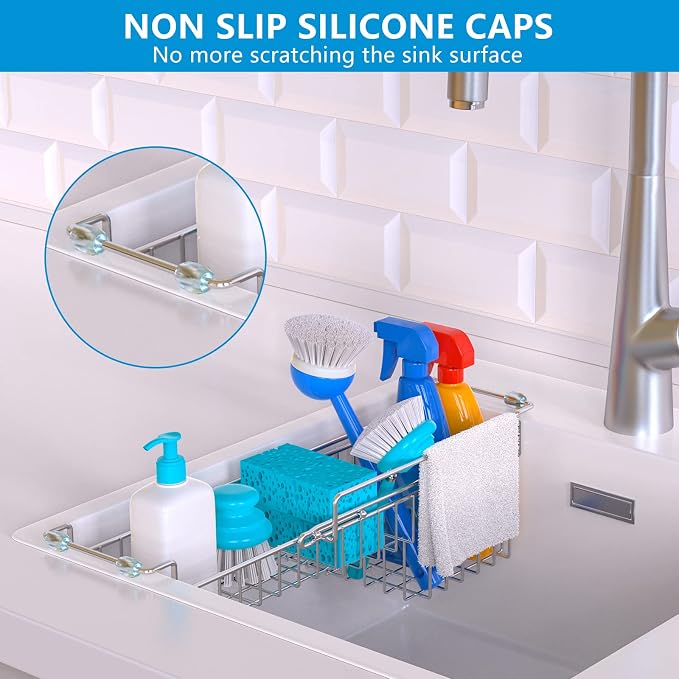 Dish Stands, Over The Kitchen Sink Caddy Sponge Holder Organizer Drying Rack Expandable for Sponge Brush Soap Dish Cloth Rag Smaller 12.25" to 17.25", Stainless Steel
