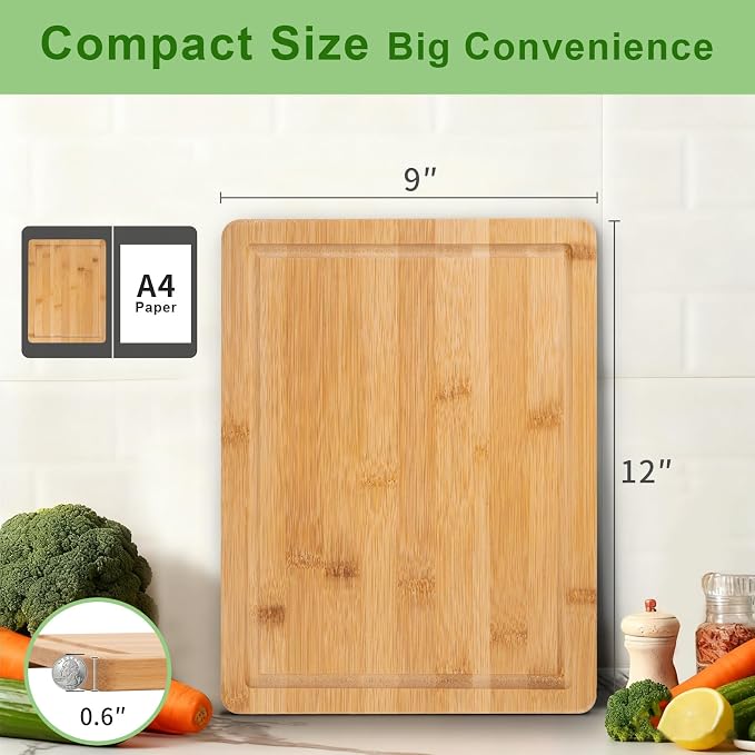 Bamboo Cutting Board, Wood Chopping Board with Juice Groove and Handle, 12×9 Inch Lightweight Kitchen Cutting Board for Fruit, Vegetables, Bread, Cheese, Snacks, Meat, BBQ, and Serving
