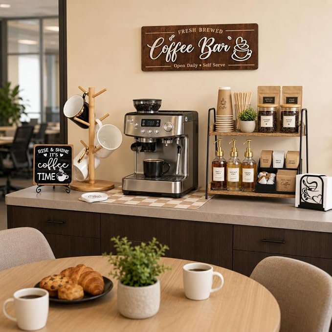 7 PCS Coffee Bar Accessories Set, Farmhouse Coffee Station Organizer Kit | Kitchen Coffee Table Decor for Countertop, Napkin Mug Holder Spoon Rest Tray Mat Sign, Kitchen Home Decor Gifts for Men Women