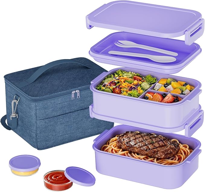Adults Lunchbox Bento Box with Lunch Bag for Women-74 OZ All-in-One Stackable Lunch Box for Adults Kids Leakproof Bento Large Lunch Box Containers with Fork Spoon Sauce Box for Work School (Purple)