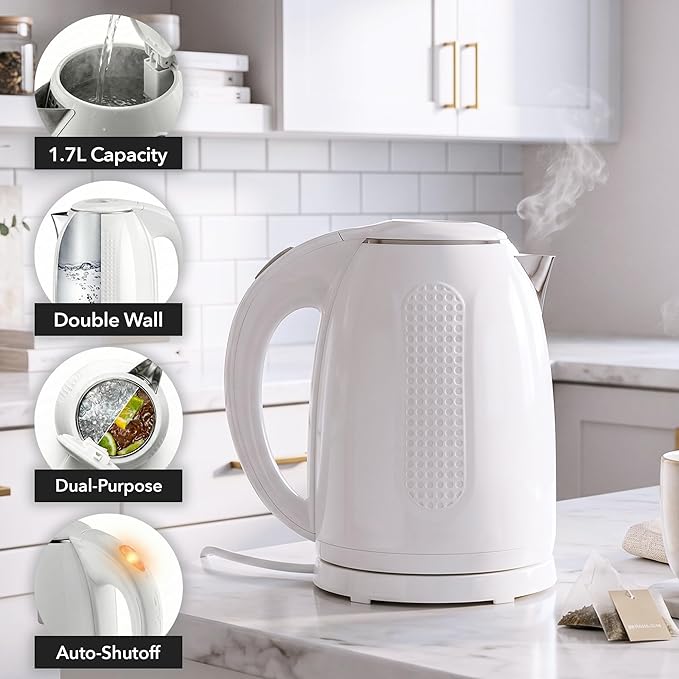OVENTE 1.7L Double Wall Electric Tea Kettle, 1100W Power, White KD64W | Water Boiler with Cool-Touch Exterior, Stainless Steel Interior, Auto Shut-Off, Boil-Dry Protection & Locking Lid, Easy Clean