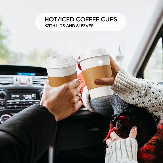 JOLLY PARTY [50 Pack] 12 oz Paper Coffee Cups, Disposable Paper Coffee Cup with Lids, Sleeves, and Stirrers, Hot/Cold Beverage Drinking Cup for Water, Juice or Tea, Suitable for Home, Shops and Cafes