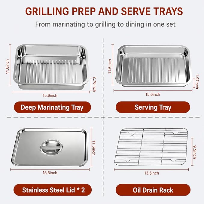 Grill Prep & Serve Tray Set with Lids 5-Piece Grill Carry System | Food Prep System for Marinating, Carrying & Serving, Stainless Steel BBQ Trays for Raw & Cooked Food Separation