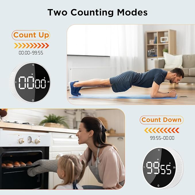 Digital Kitchen Timer - Magnetic Countdown Count Up Clock with Large LED Display, 5/15/25 Min Presets, 3 Volume Levels, Rotary Dial for Cooking, Productivity, Classroom, Fitness (2, White)