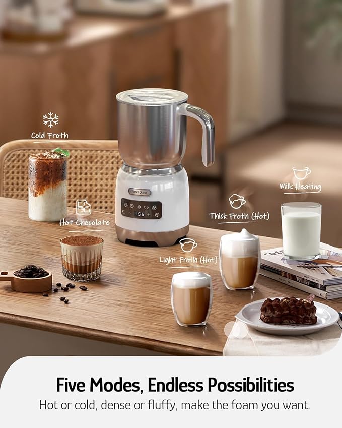 Hazel Quinn Milk Frother, Hot & Cold, Detachable Jug, 400ml, Pearl White | 5-in-1 electric milk frother and steamer, large capacity, stainless steel , dishwasher safe, for coffee/milk/hot choc