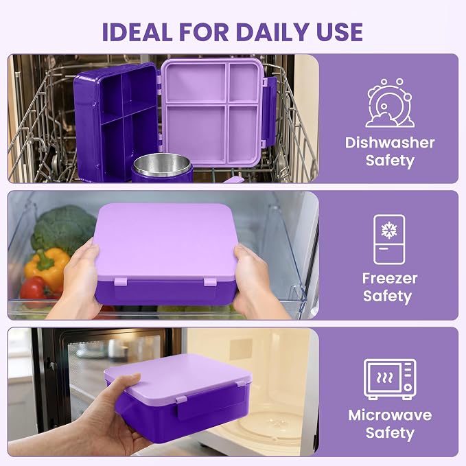 LOHASOK Bento Lunch Box for Kids with 8oz Soup Thermo, Purple | 4-Compartment, Leak-Proof Lunch Containers with Insulated Food Jar and Silicone Foldable Spoon Fork