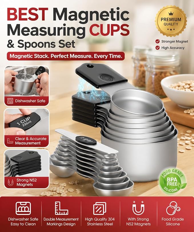 Magnetic Measuring Cups & Spoons Set|304 Stainless Steel Dual Scale Set of 15, Strong N52 Magnetic Nesting Design with Leveler, for Dry&Liquid Ingredients, Dishwasher Safe(Black)