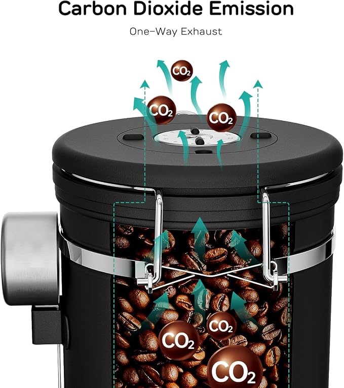 Coffee Gator Coffee Canister, 22oz Airtight Stainless Steel Container | w/ Date Tracker, Scoop, Valve, Kitchen Food Storage Jars for Beans, Ground, Rice, Tea, Sugar, Cookie, Bar Accessories, Black