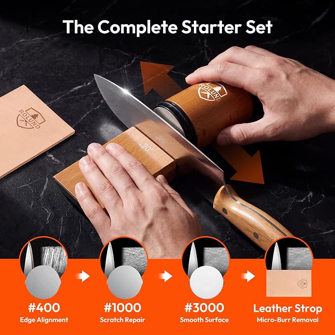 Rolling Knife Sharpener Kit Diamond & Ceramic 15°/20° | Easy-to-use manual sharpening tool for kitchen and chef knives with a magnetic angle guide designed for beginners