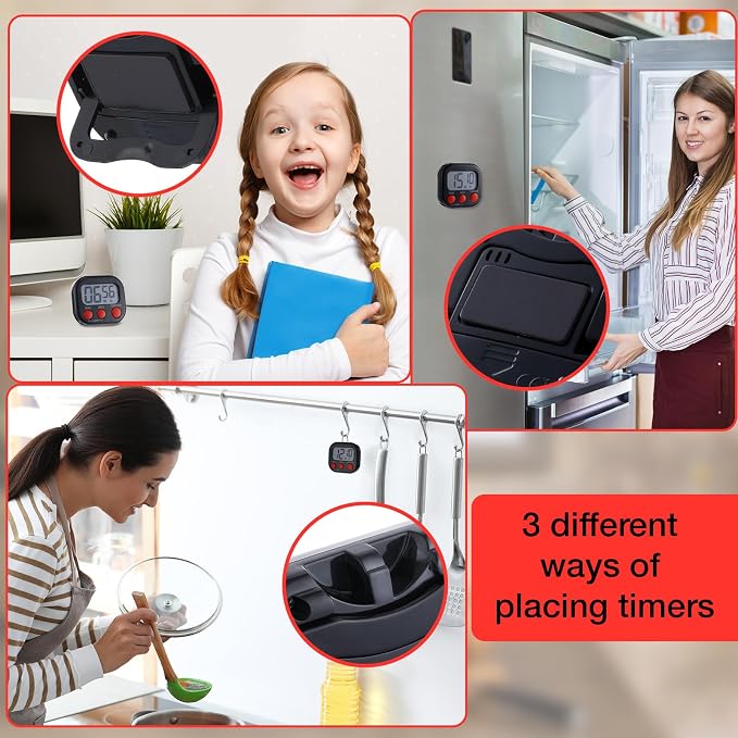 Leumoi 24 Pack Multi-Function Digital Timers with Magnetic Back, Large LCD Display, Loud Alarm, Count up & Countdown, Memory Function for Cooking, Classroom, Study, Exercise & Work(Black and Red)