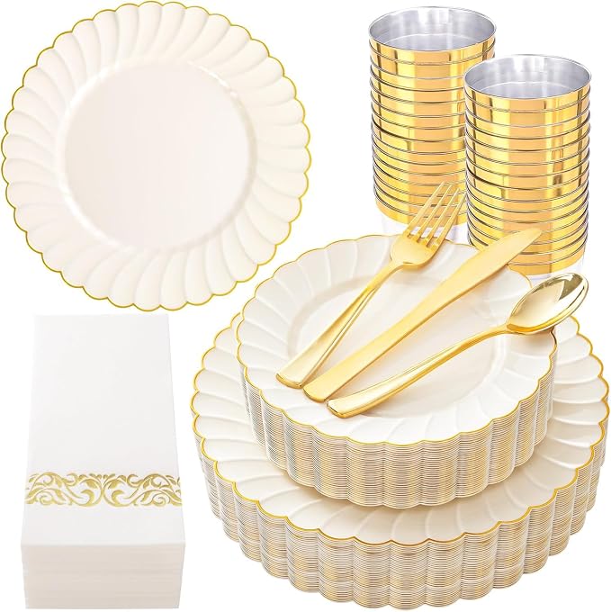 YOUBET 175PCS Ivory Scalloped Plastic Plates for Party Wedding | Ivory and Gold Disposable Dinnerware Set Include 50 Plates, 75 Gold Silverware, 25 Cups, 25 Napkins