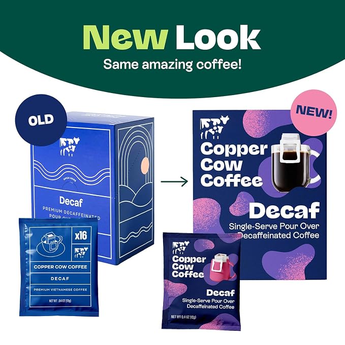 Copper Cow Coffee Premium Pour Over Coffee Decaf Single Serve Dark Roast | 8ct Decaf pour over pouches with rich, bold, low acid coffee. Travel friendly—tear, hang, pour hot water, enjoy anywhere