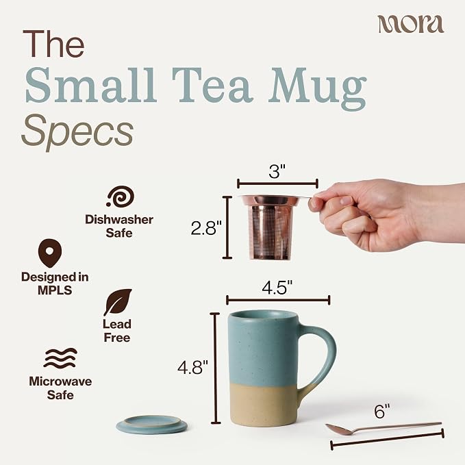 Mora Ceramics Tea Cup with Loose Leaf Infuser, Spoon and Lid, 12 oz, Microwave and Dishwasher Safe Coffee Mug - Rustic Matte Ceramic Glaze, Modern Herbal Tea Strainer - Great Gift for Women, Iris